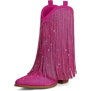 Women's Western Rhinestone Sparkly Fringe Chunky Heel Pointed Toe Ankle Boots